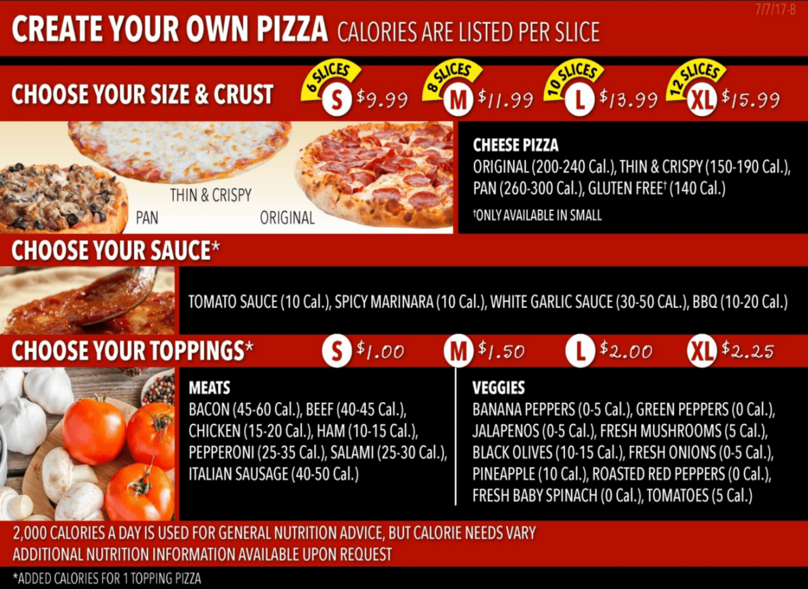 Pizza menu nutrition labeling example